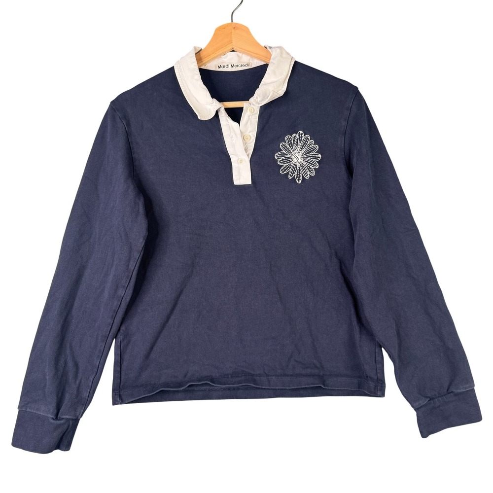 Mardi Mercredi Navy Blue Cotton Rugby Polo Shirt Embroidered Flower One Size